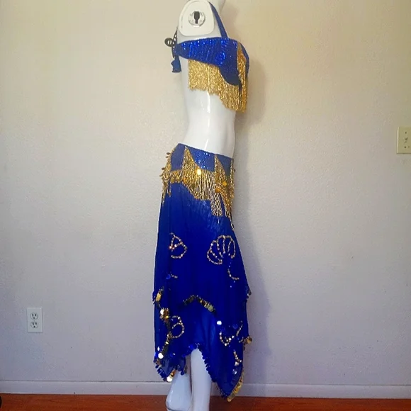 Belly Dancer Ornate Beaded Blue Gold Two Piece Bra Sheer Layered Tiered Skirt - Picture 4 of 13
